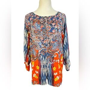 Johnny Was Paisley Floral Patchwork Cupra Rayon Tie Neck Blouse Blue Orange S